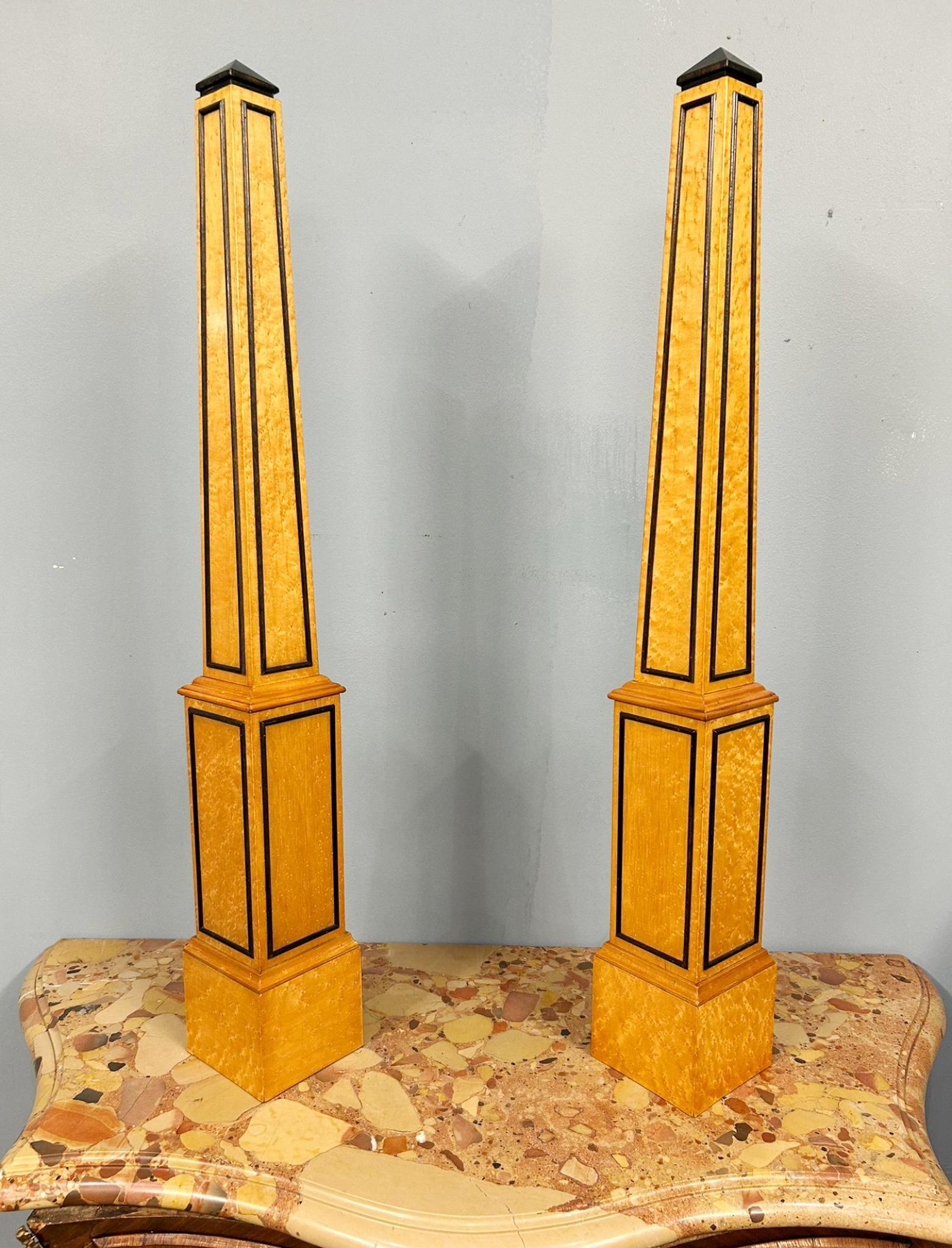Pair Grand Tour Obelisks Italian Satinwood Ebonized Trim For Sale 1