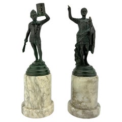 Pareja, Figuras de Bronce y Mármol Estilo Gran Tour César Augusto y Soldado Romano