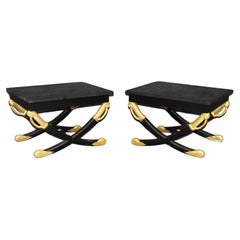 Pair Granite Top Gilded Ebonized Painted Sword and Scabbard Regency End Tables