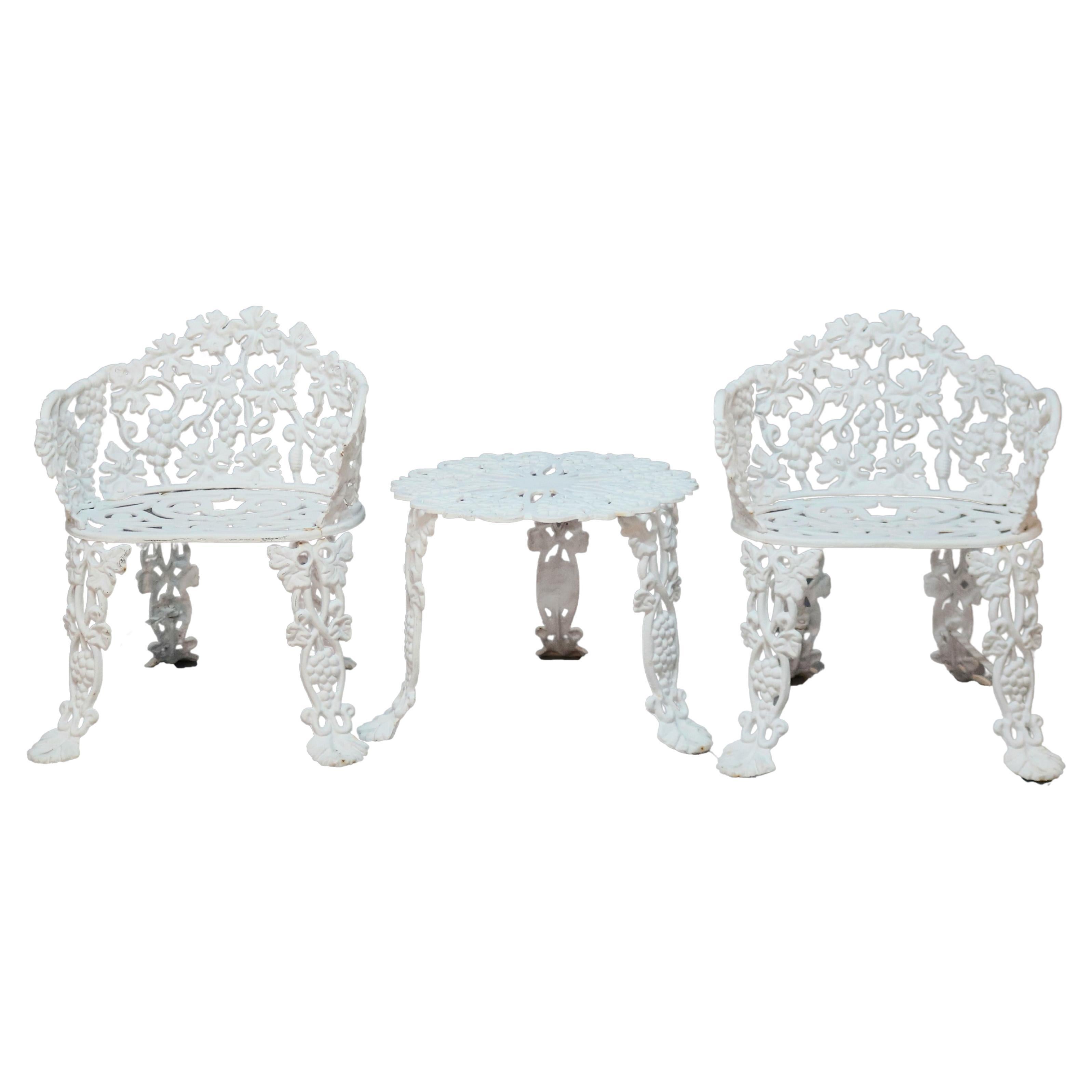Pair Grape & Leaf Cast Iron Garden Chairs with Low Table, Circa 1940