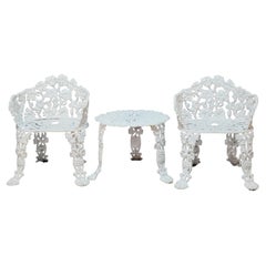 Vintage Pair Grape & Leaf Cast Iron Garden Chairs with Low Table, Circa 1940