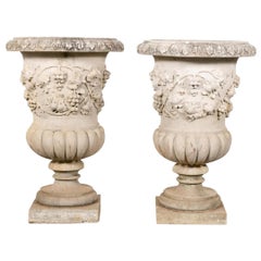 Pair, Grape Motif Cast Stone Campagna Urn Planters