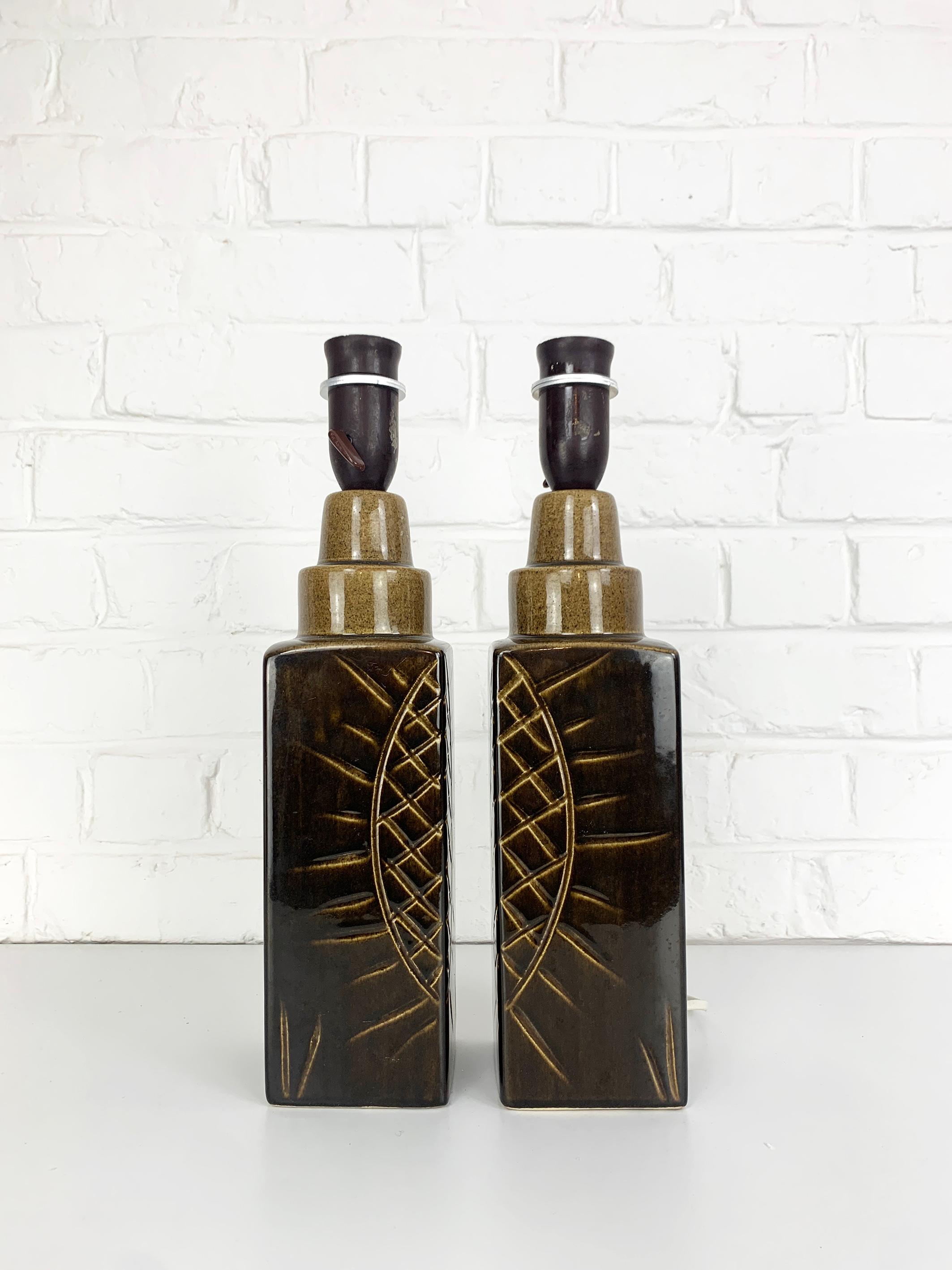 Pair graphic Danish Søholm Stentøj Stoneware lamps Denmark Mid-Century 1