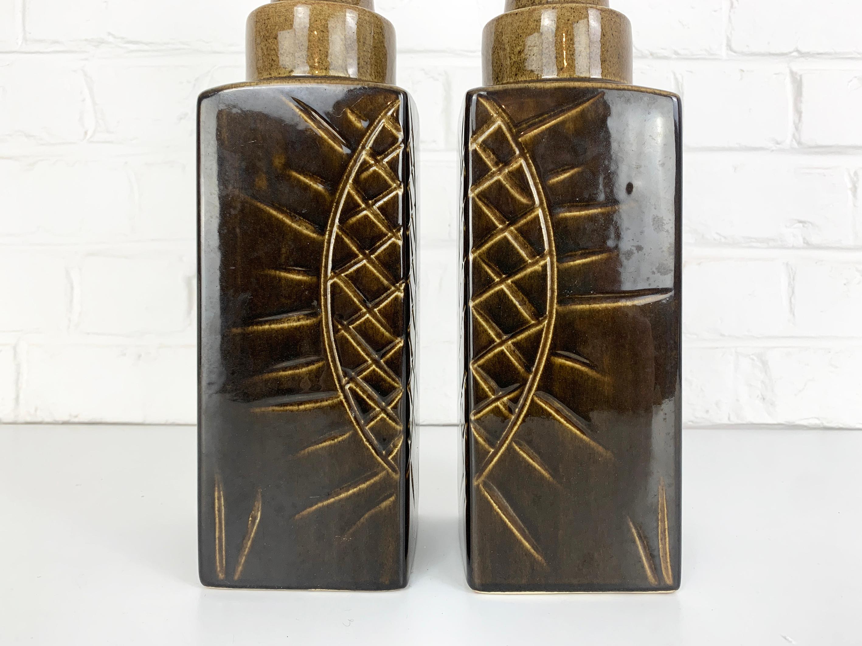 Pair graphic Danish Søholm Stentøj Stoneware lamps Denmark Mid-Century 2