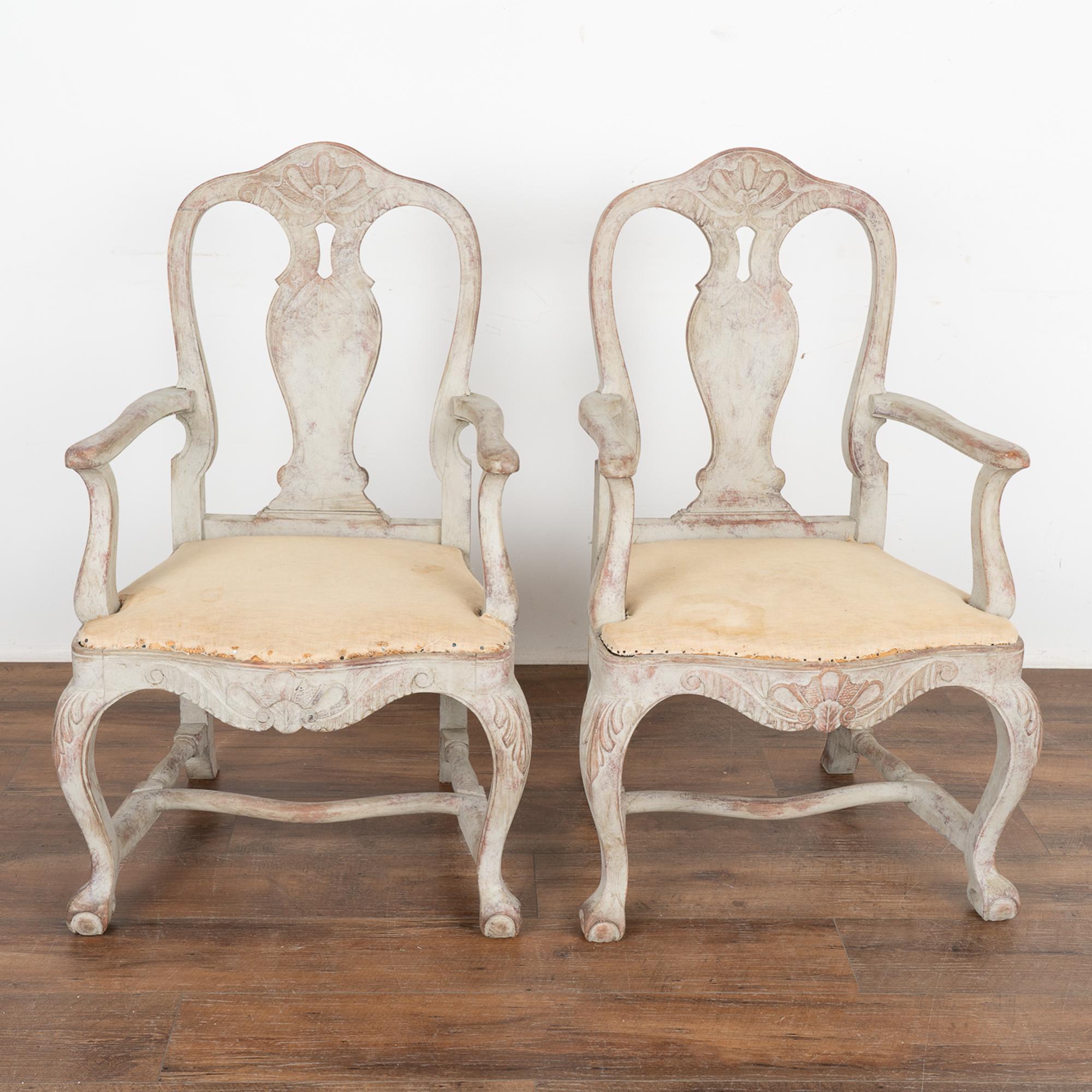 Swedish Pair, Gray Gustavian Arm Chairs, Sweden circa 1840-60