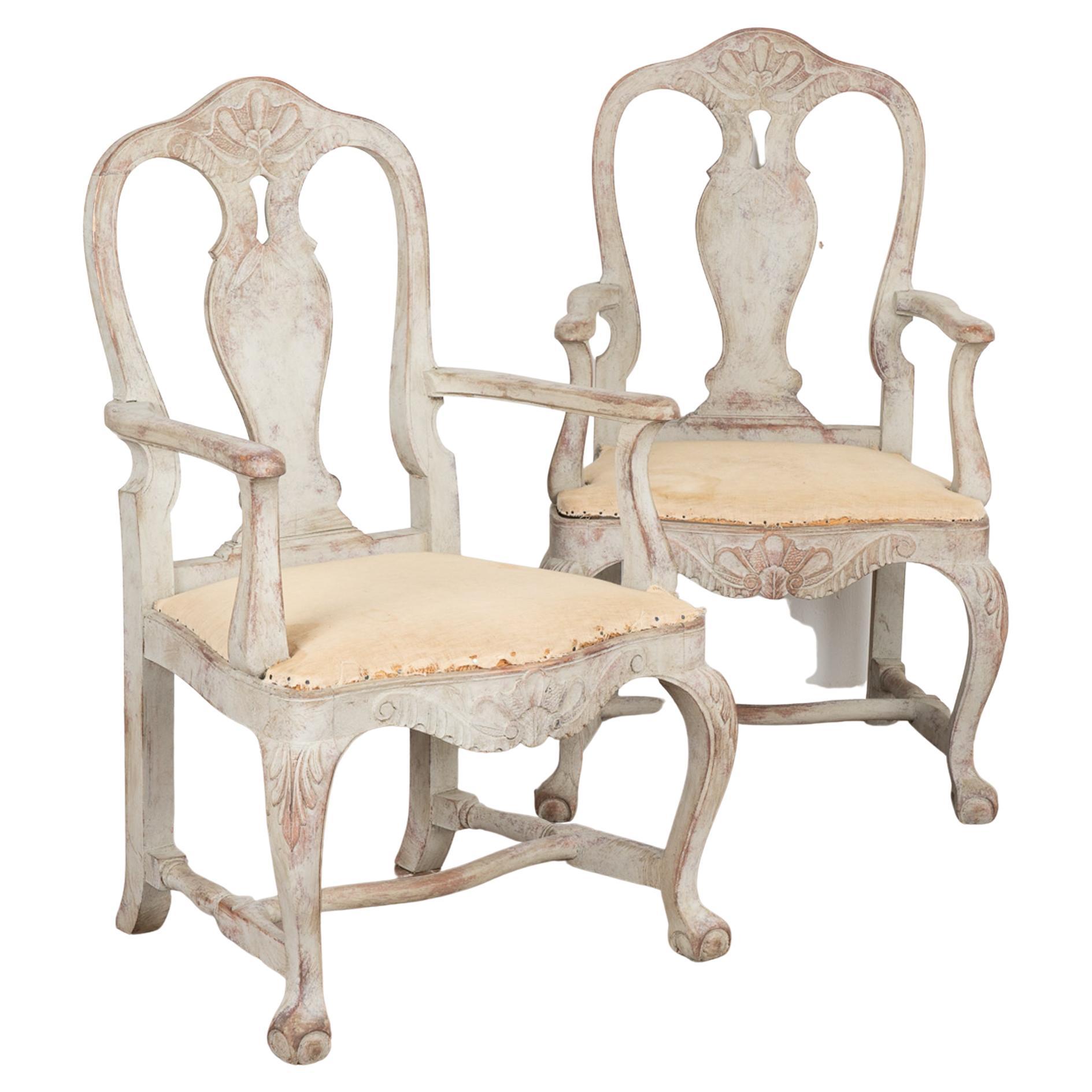 Pair, Gray Gustavian Arm Chairs, Sweden circa 1840-60