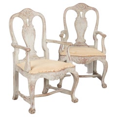 Pair, Gray Gustavian Arm Chairs, Sweden circa 1840-60