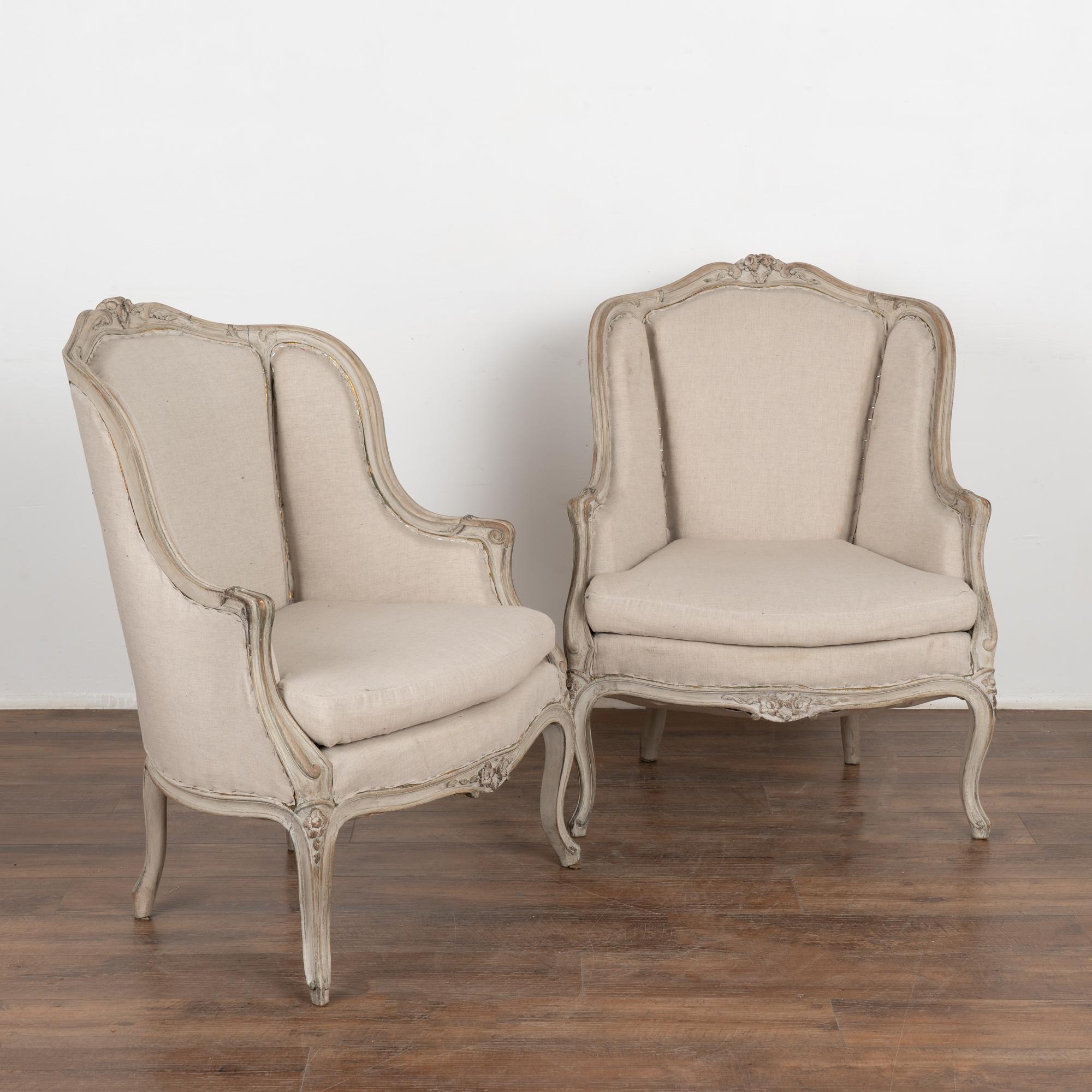 Pair, Gray Gustavian High Back Arm Chairs, Sweden circa 1920 In Good Condition In Round Top, TX