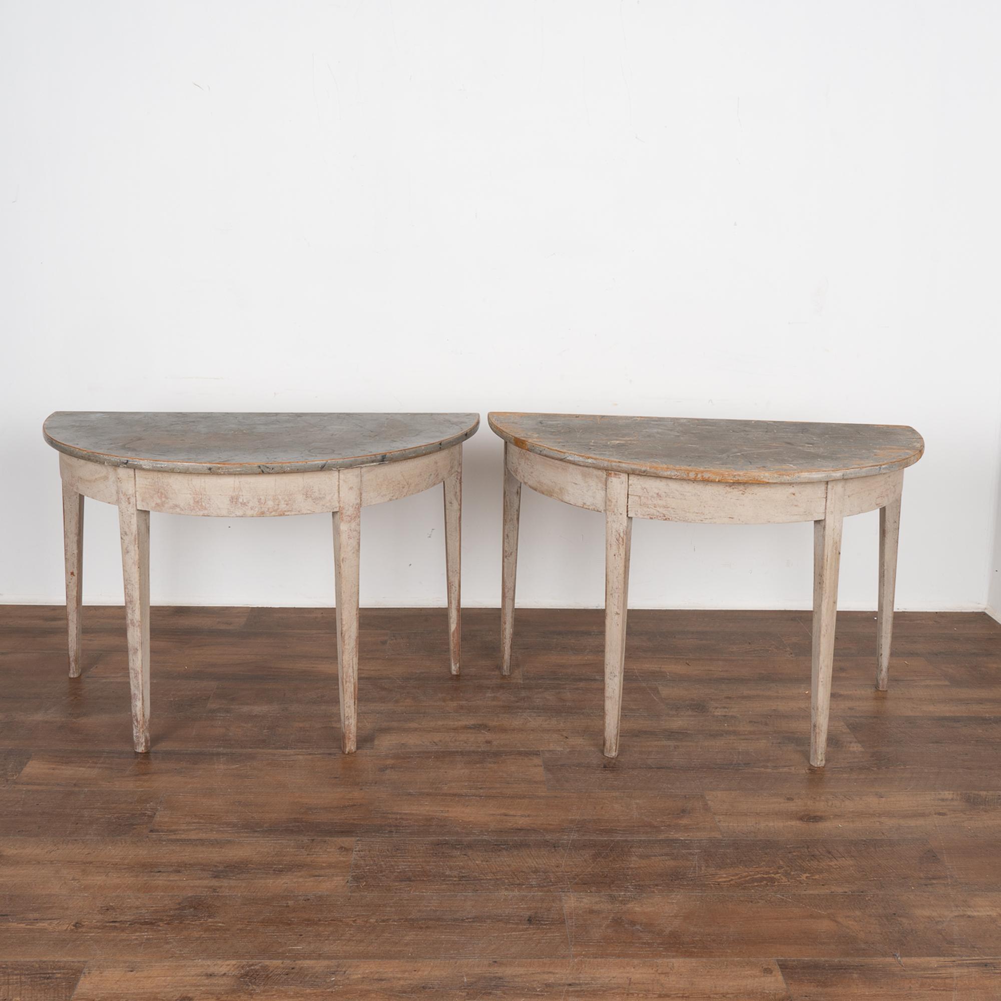 Gustavian Pair, Gray Painted Demi Lune Side Tables Consoles, Sweden circa 1860-80