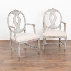 Pair, Gray Painted Gustavian Armchairs, Sweden circa 1840-60