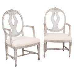 Pair, Gray Painted Gustavian Armchairs, Sweden circa 1840-60
