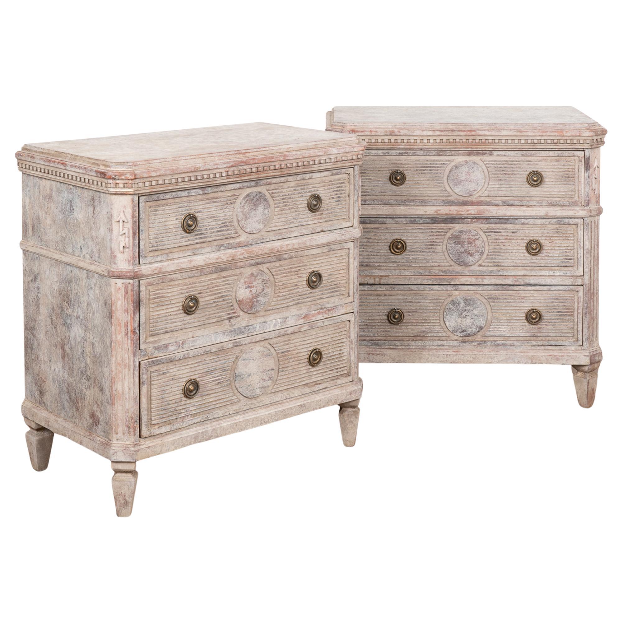Pair, Gray Painted Gustavian Chest of Drawers, Sweden circa 1840-60