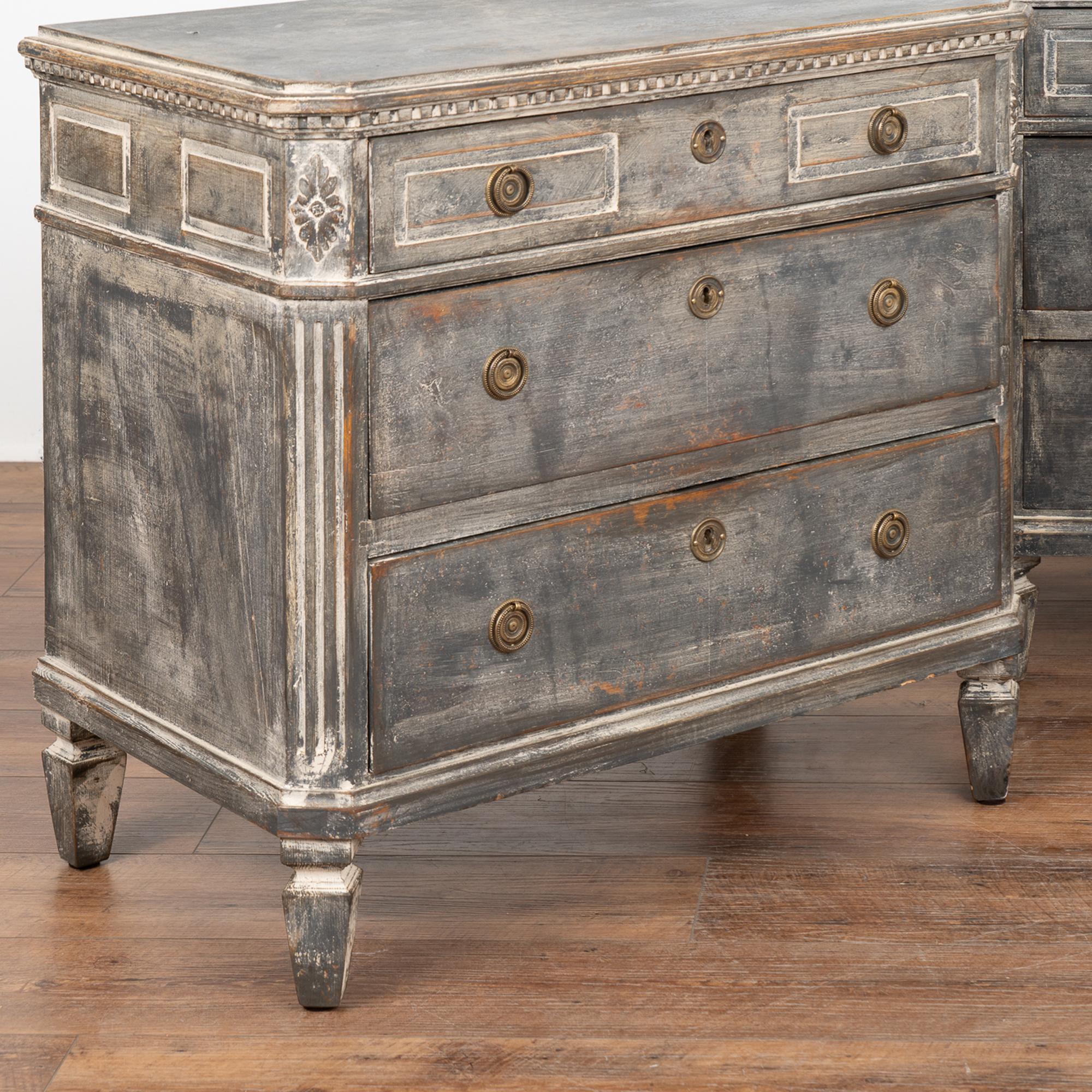 Brass Pair, Gray Painted Gustavian Chest of Drawers, Sweden circa 1860-80