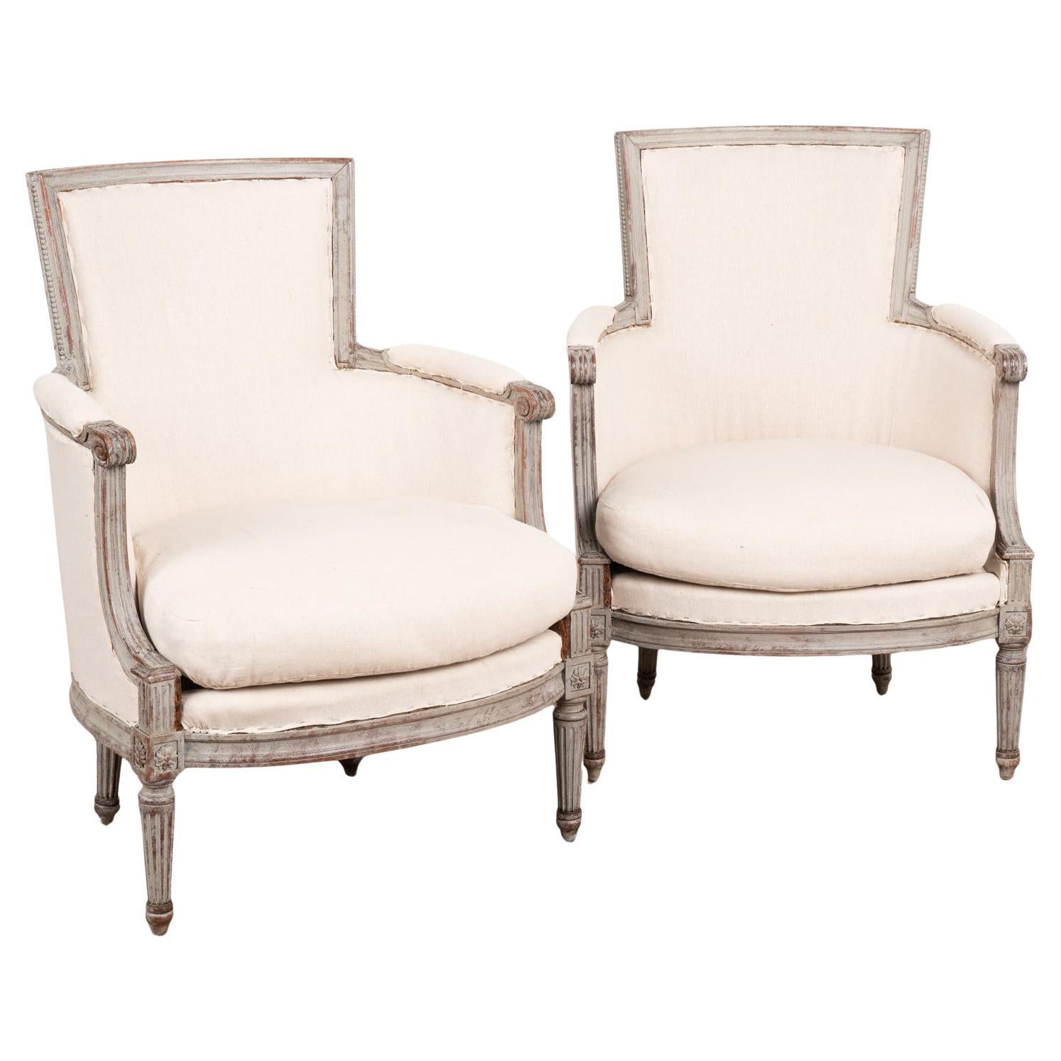 Pair, Gray Painted Swedish Gustavian Armchairs, circa 1920 For Sale