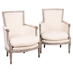 Antique Pair, Gray Painted Swedish Gustavian Armchairs, circa 1920