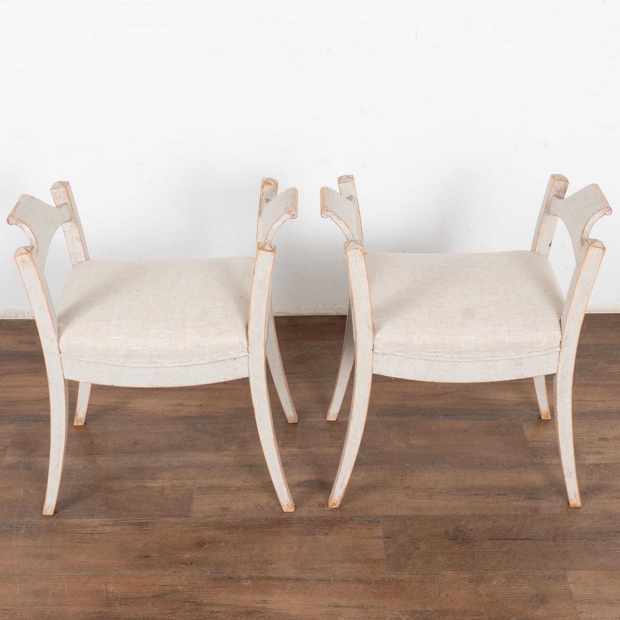 Linen Pair, Gray Swedish Gustavian Tabouret Stools, circa 1890
