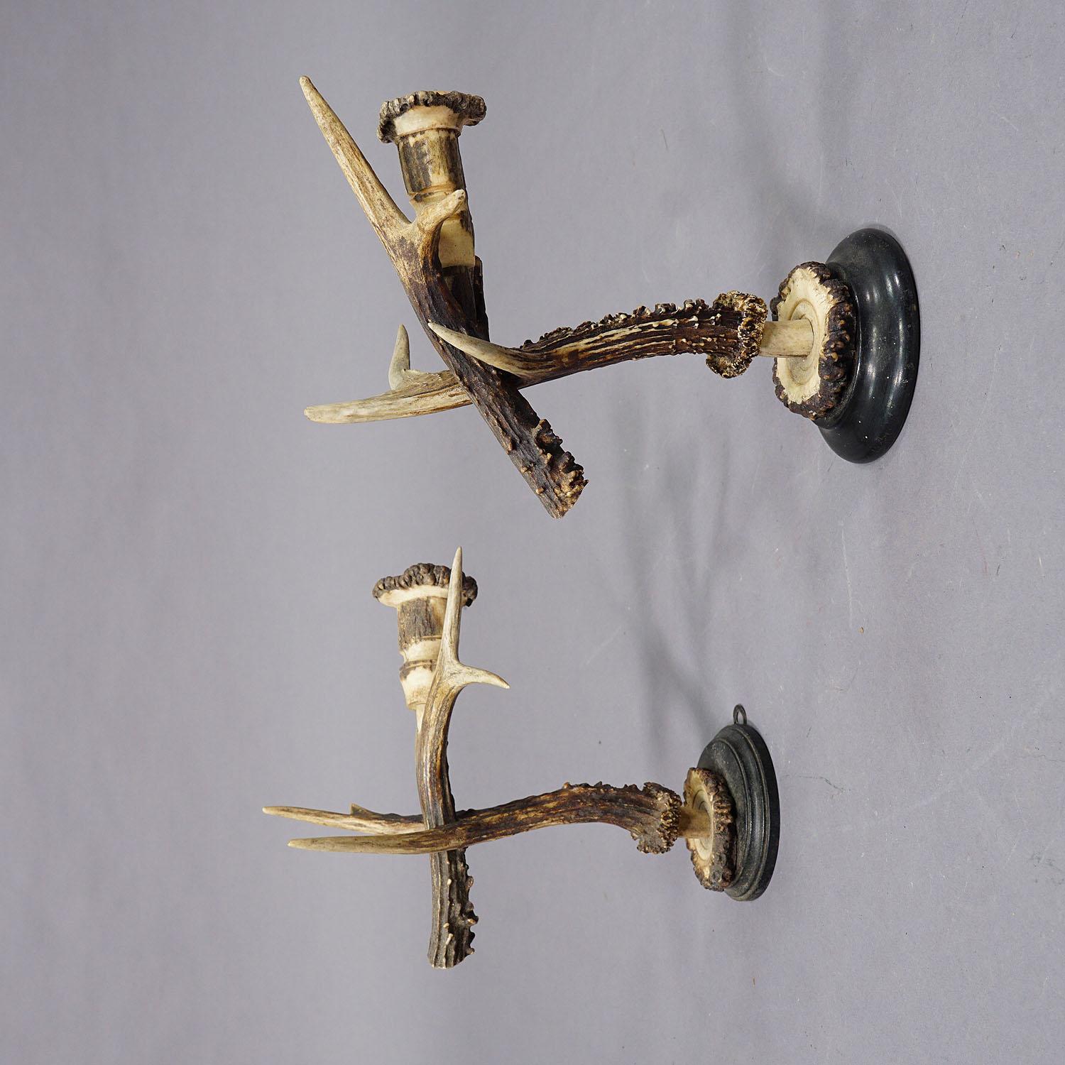 Pareja de grandes apliques Black Forest con cuernos de ciervo, Alemania ca. 1900 Bosque negro en venta