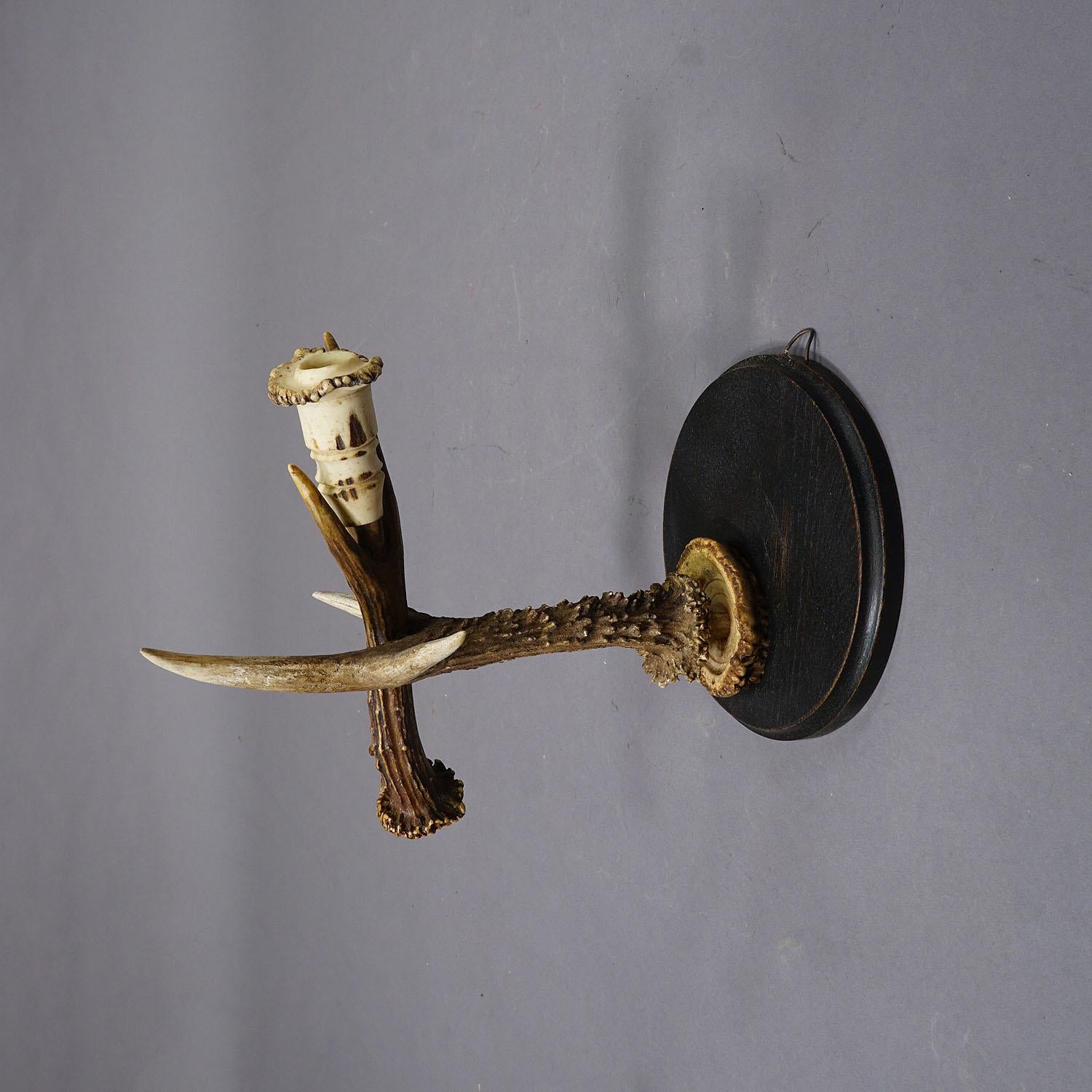 Early 20th Century Pair Great Black Forest Wall Sconces with Deer Horns, Germany ca. 1900 For Sale