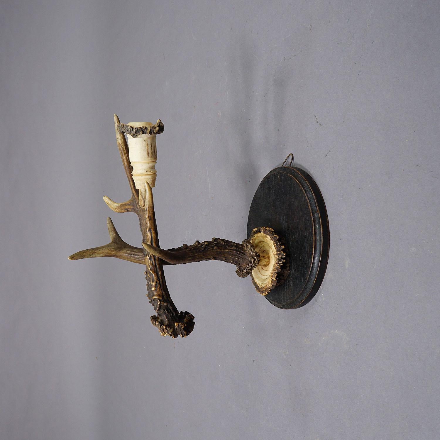 Antler Pair Great Black Forest Wall Sconces with Deer Horns, Germany ca. 1900 For Sale