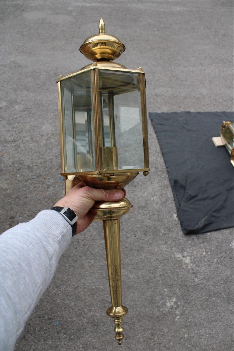 Pair Great Wall Light Lantern Sconces Brss Gold Italian Design 1960 Glass For Sale 4