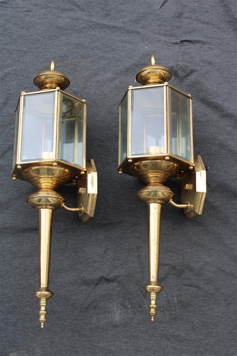 Pair Great Wall Light Lantern Sconces Brss Gold Italian Design 1960 Glass For Sale 8