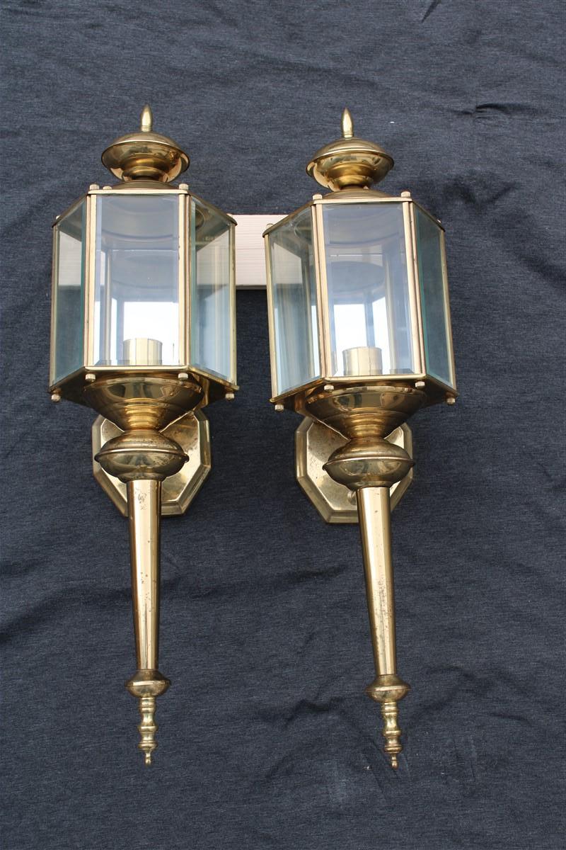 Pair great wall light lantern sconces brass gold Italian Design 1960 glass, 1 light bulb E27 max 80 Watt each.