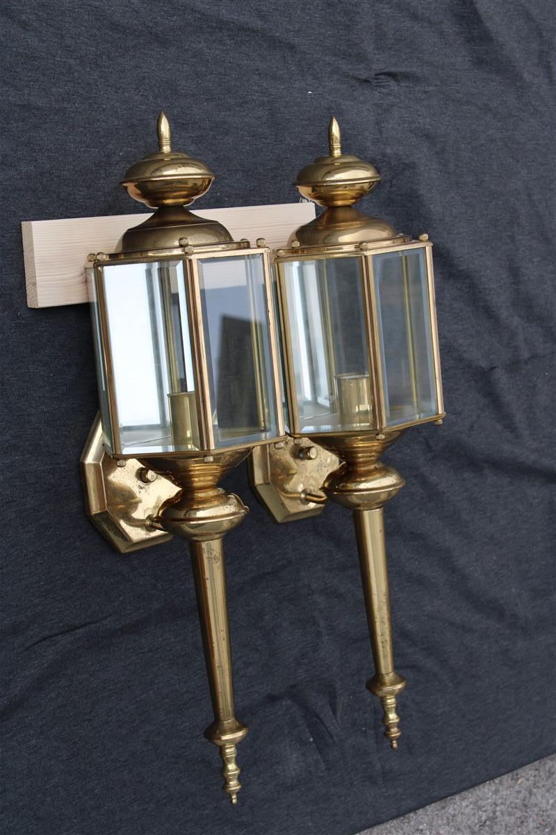 Mid-Century Modern Pair Great Wall Light Lantern Sconces Brss Gold Italian Design 1960 Glass For Sale