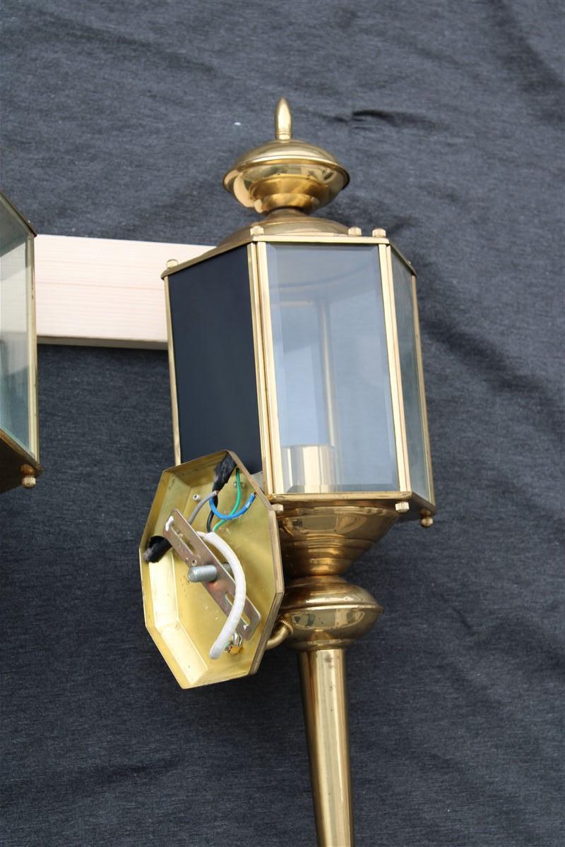 Pair Great Wall Light Lantern Sconces Brss Gold Italian Design 1960 Glass For Sale 2