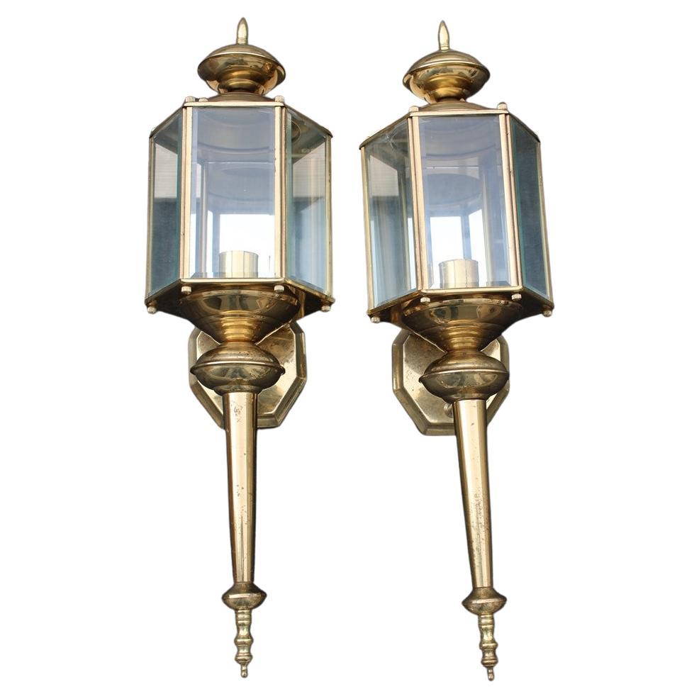 Pair Great Wall Light Lantern Sconces Brss Gold Italian Design 1960 Glass For Sale
