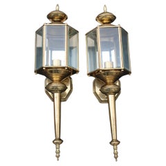 Pair Great Wall Light Lantern Sconces Brss Gold Italian Design 1960 Glass
