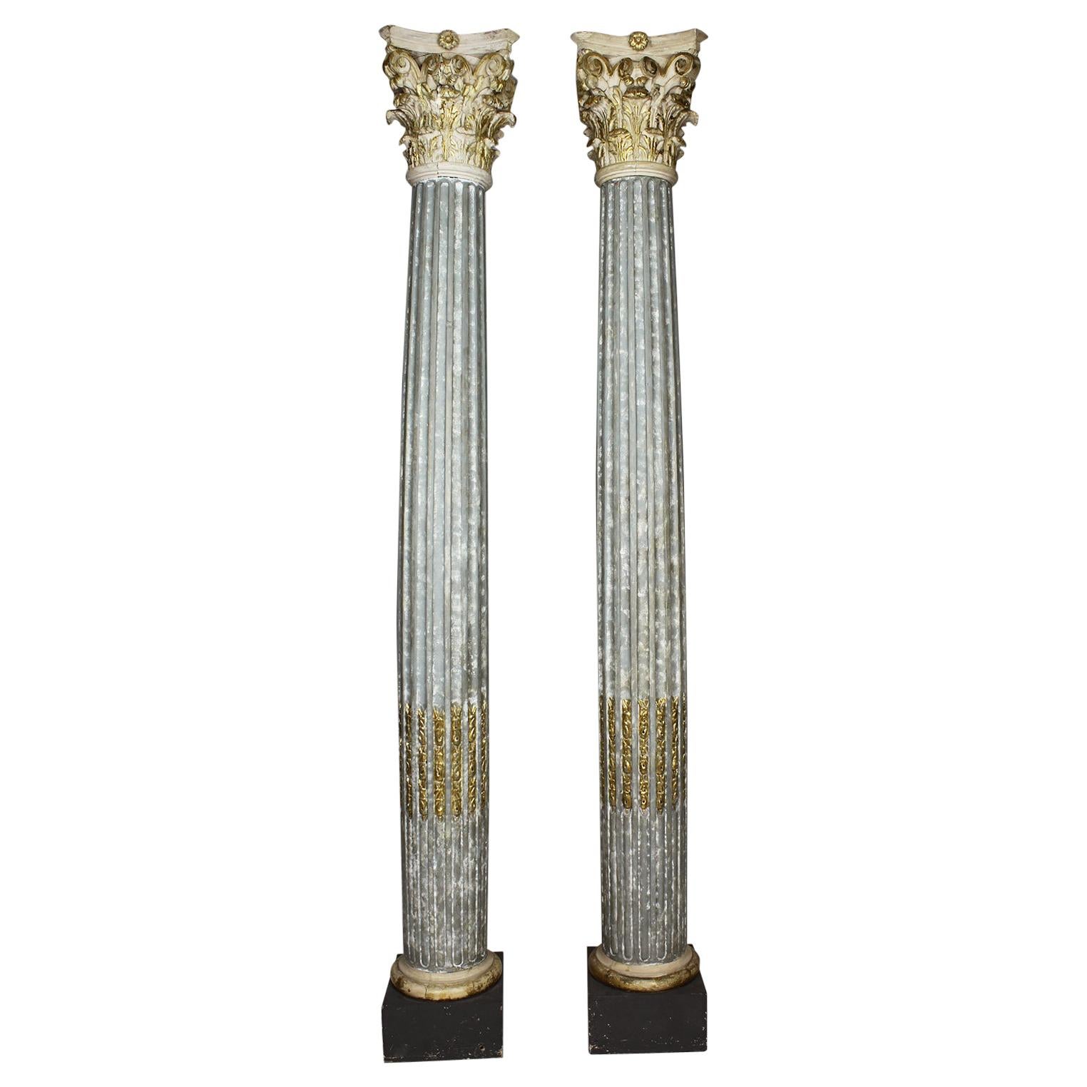 Greco Roman Style Carved Wood & Gesso Carved Faux-Marble and Gilt Columns, Pair
