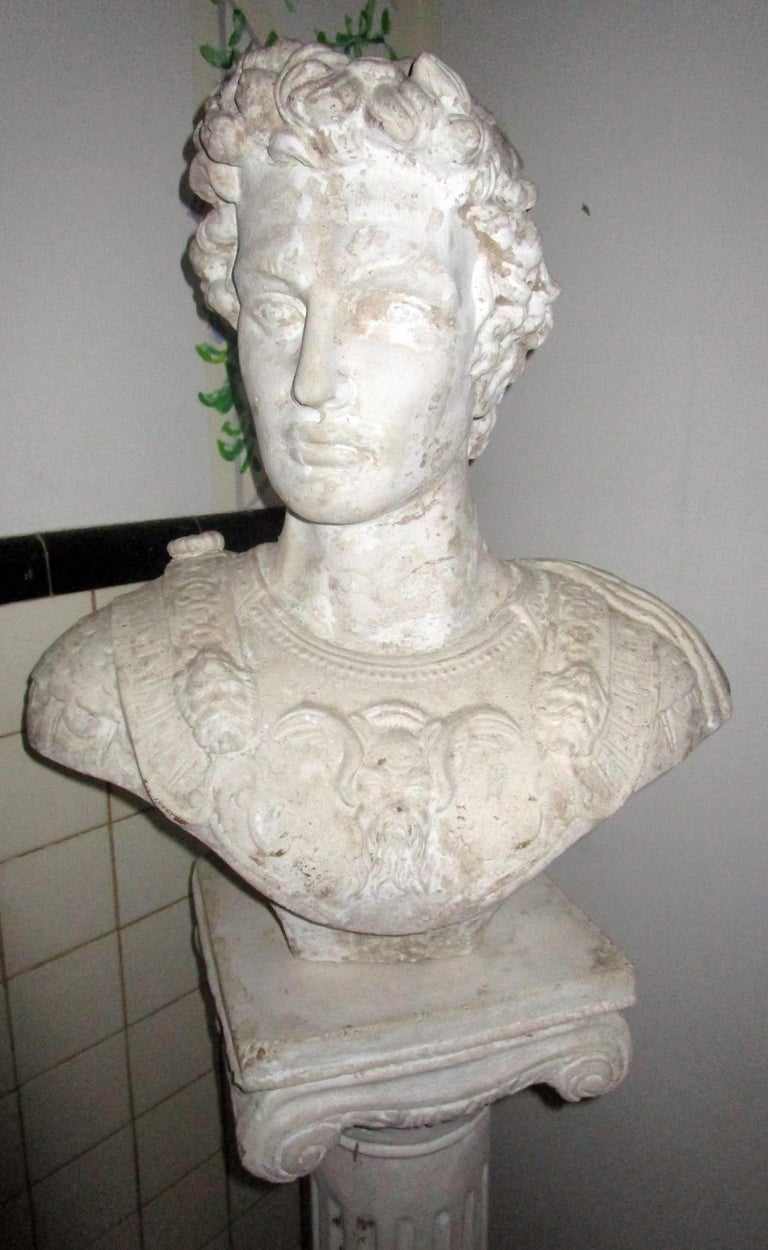 Pair of Greek God Garden Statue Busts on Ionic Column Pedestals For Sale at 1stdibs