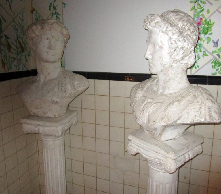 Pair of Greek God Garden Statue Busts on Ionic Column Pedestals For