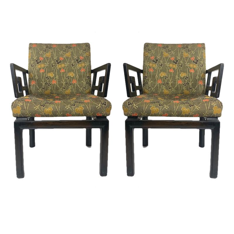 A timeless pair of Greek Key arm/occasional chairs designed by Michael Taylor for the Baker furniture Far East Collection.
