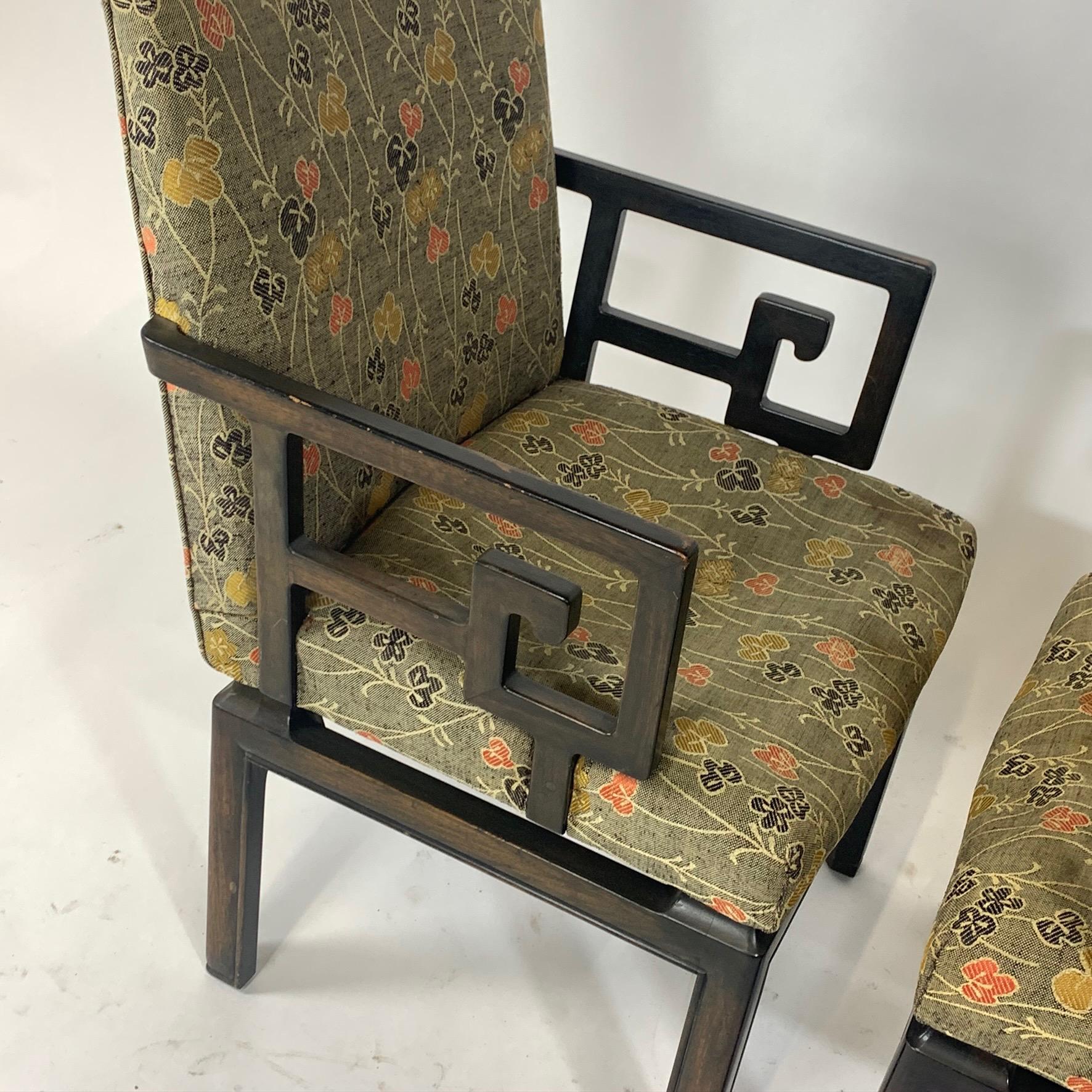 Mid-Century Modern Pair of Greek Key Far East for Baker Chinoiserie Armchairs by Michael Taylor