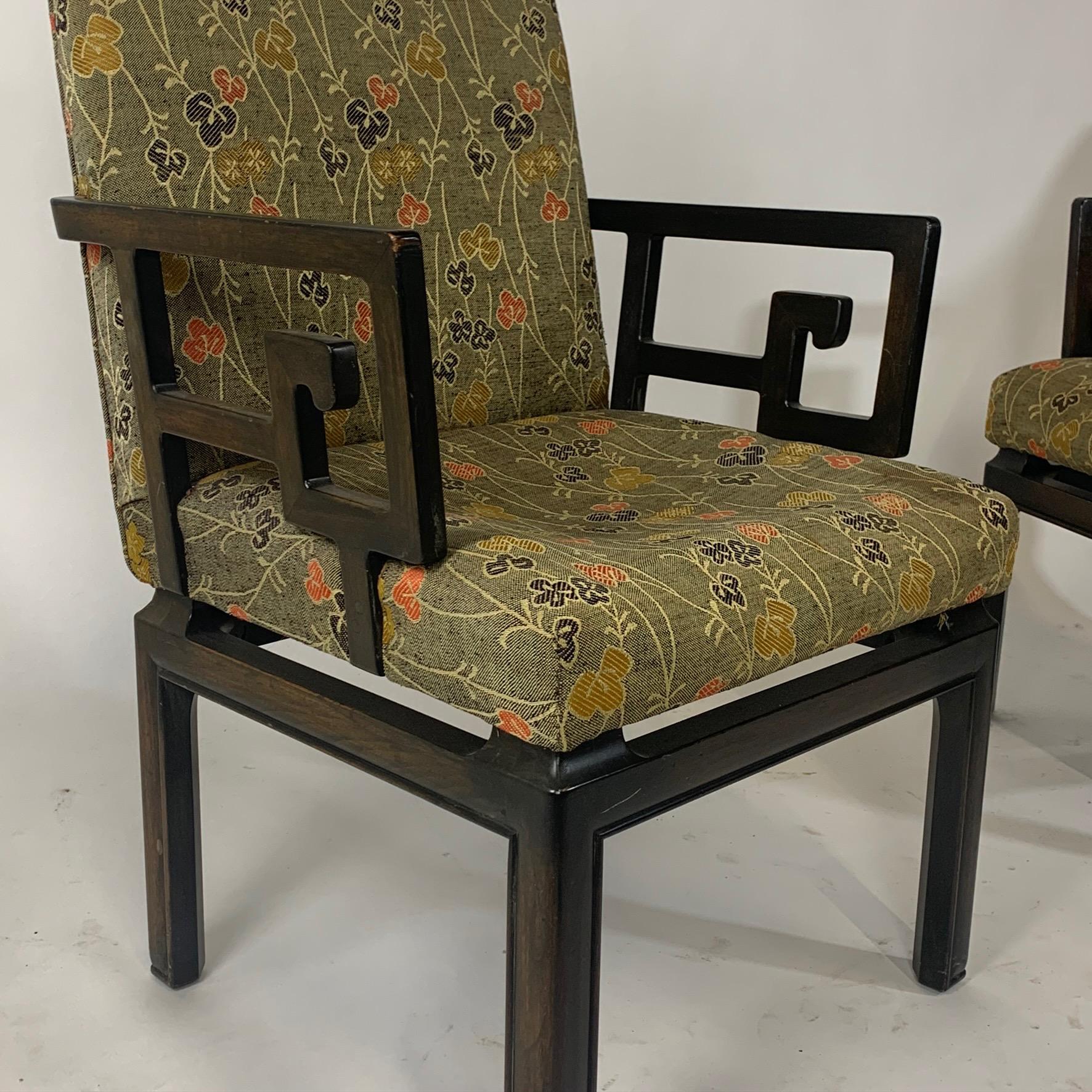 Walnut Pair of Greek Key Far East for Baker Chinoiserie Armchairs by Michael Taylor