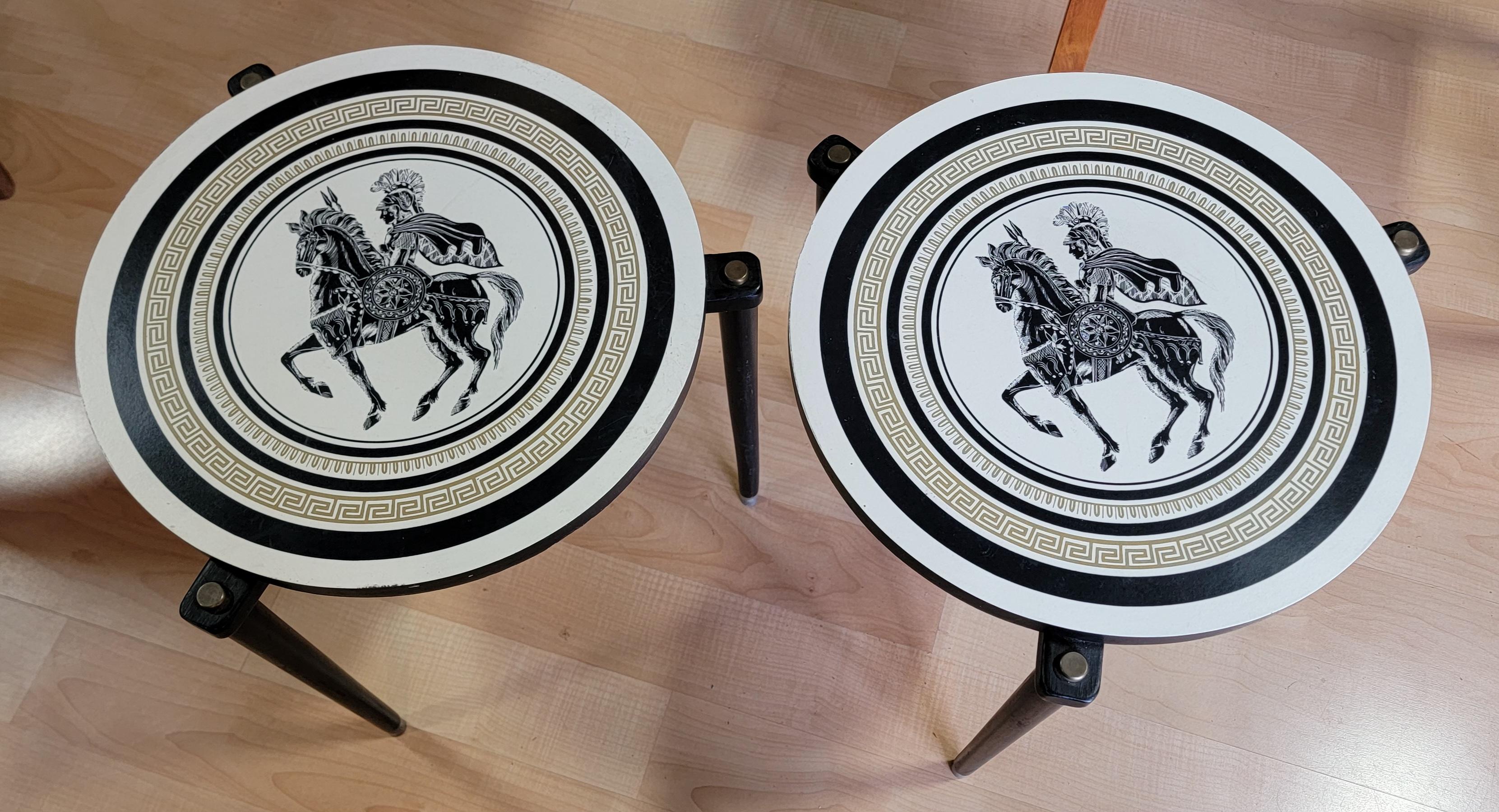 Mid-Century Modern Pair Greek Motif End Tables in the Manner of Piero Fornasetti For Sale