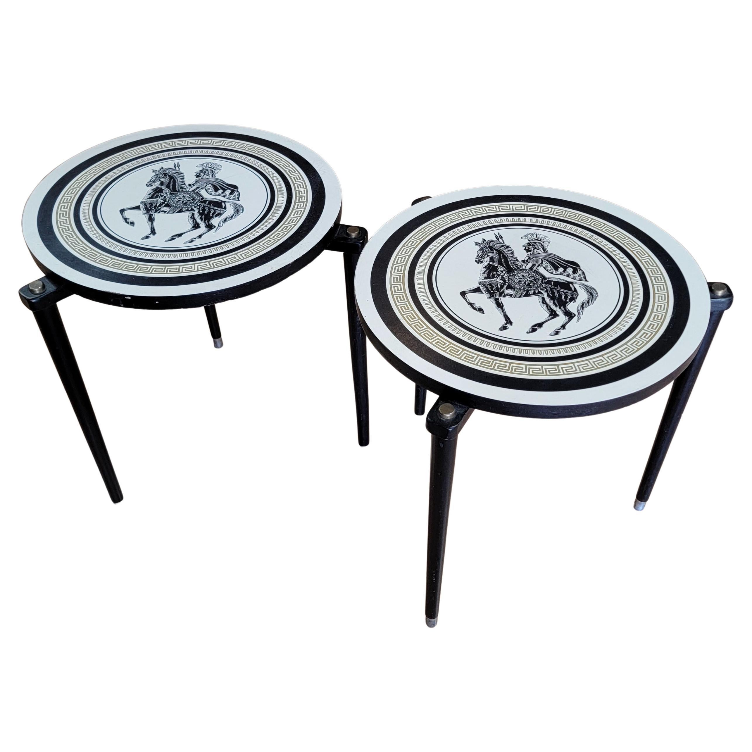Pair Greek Motif End Tables in the Manner of Piero Fornasetti For Sale