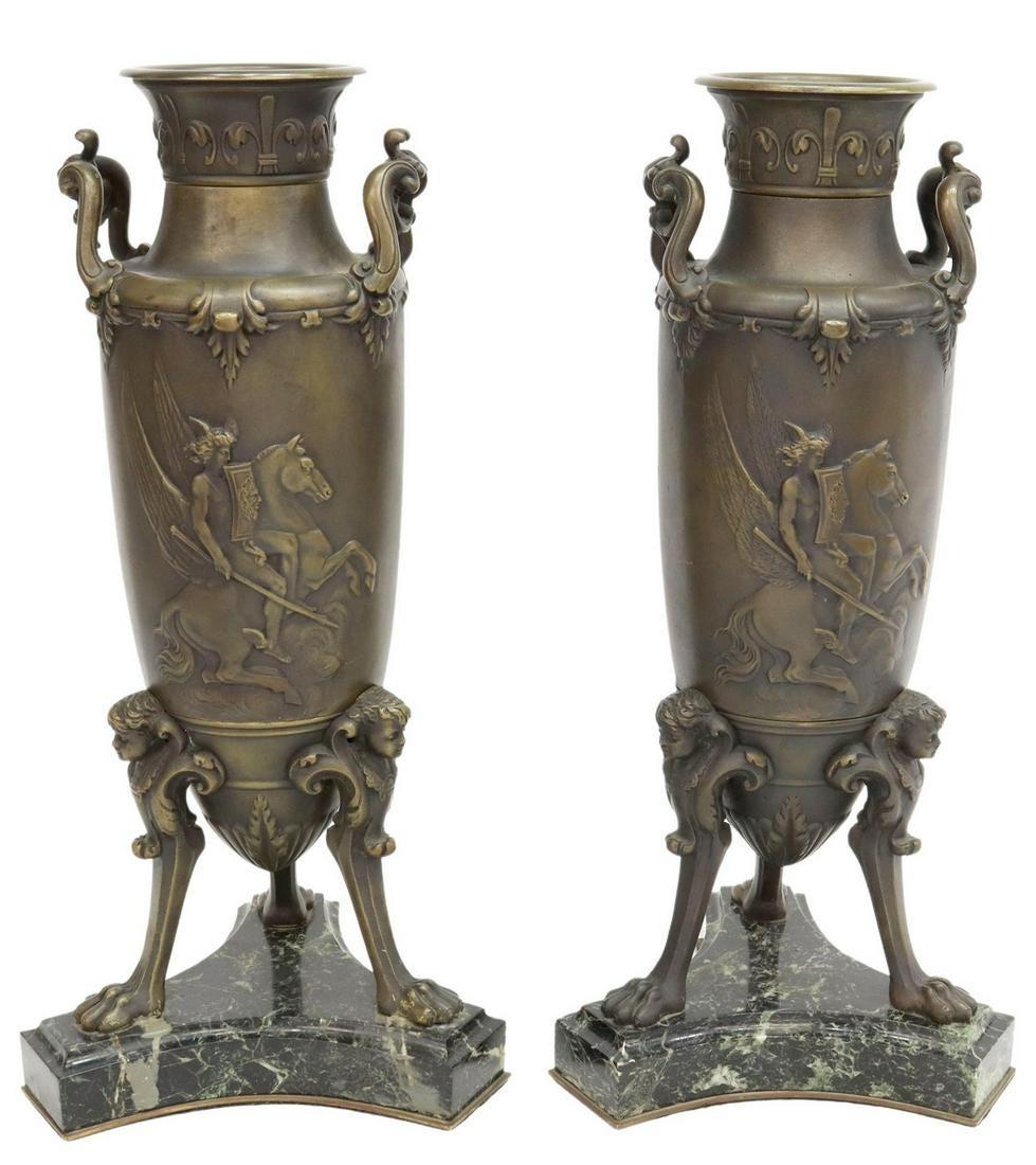 Pair of French Greek neoclassical patinated bronze and marble vases.
Signed : BOUCHER.