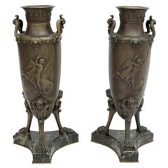 Pair Greek Neoclassical Patinated Bronze and Marble Vases