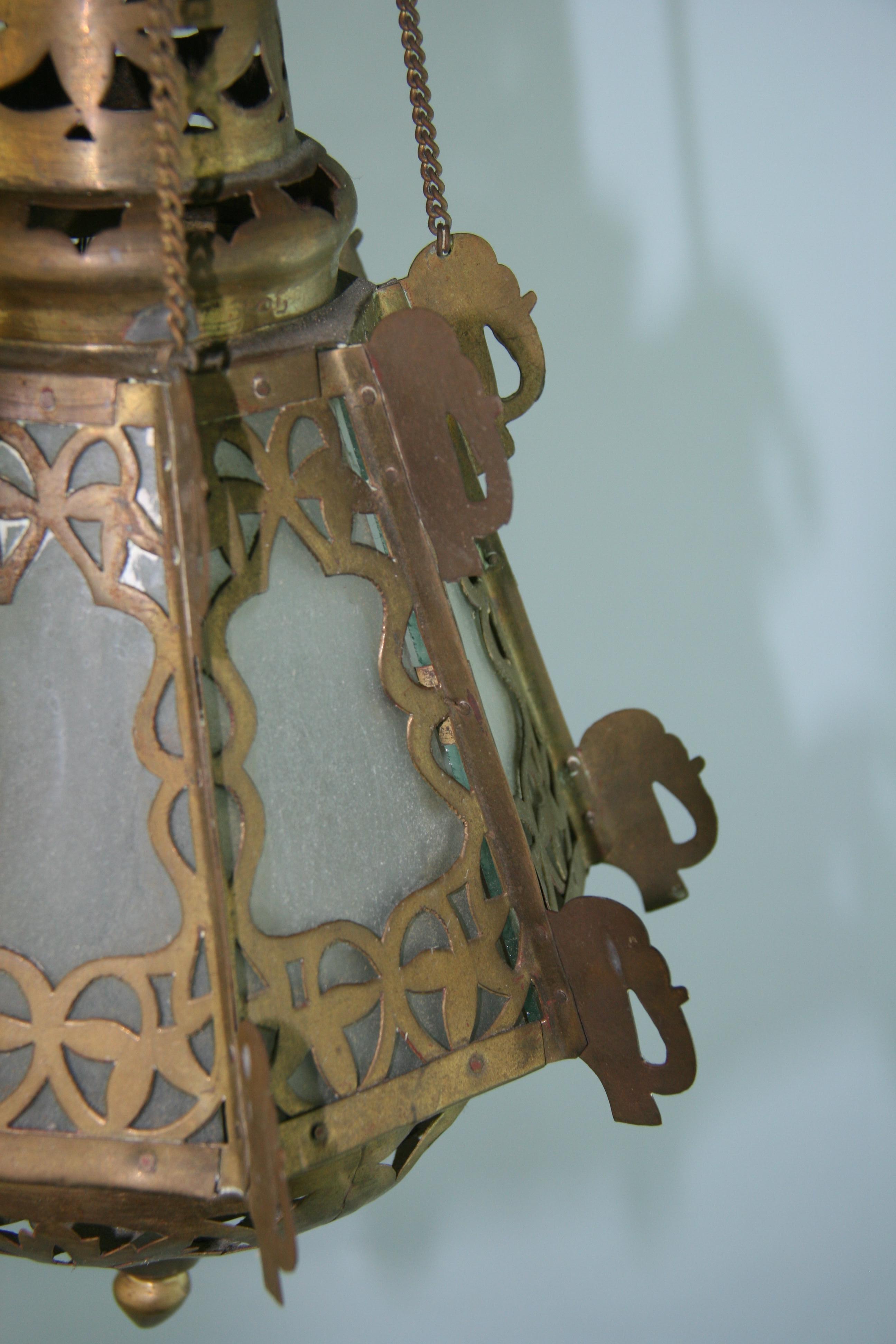 Pair Greek Ornate Brass and Frosted Glass Church Lanterns, Circa 1920's For Sale 5