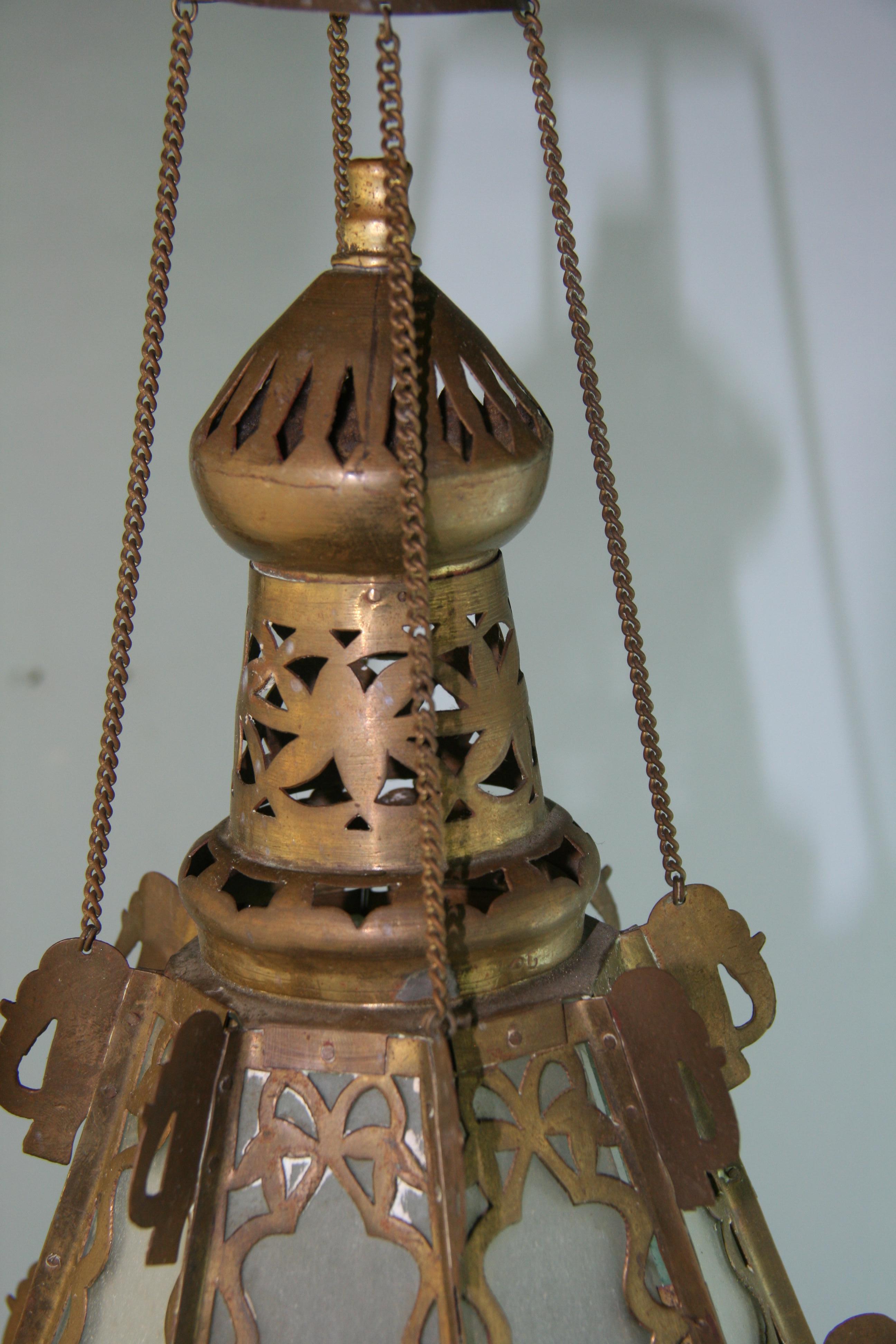 Pair Greek Ornate Brass and Frosted Glass Church Lanterns, Circa 1920's For Sale 6