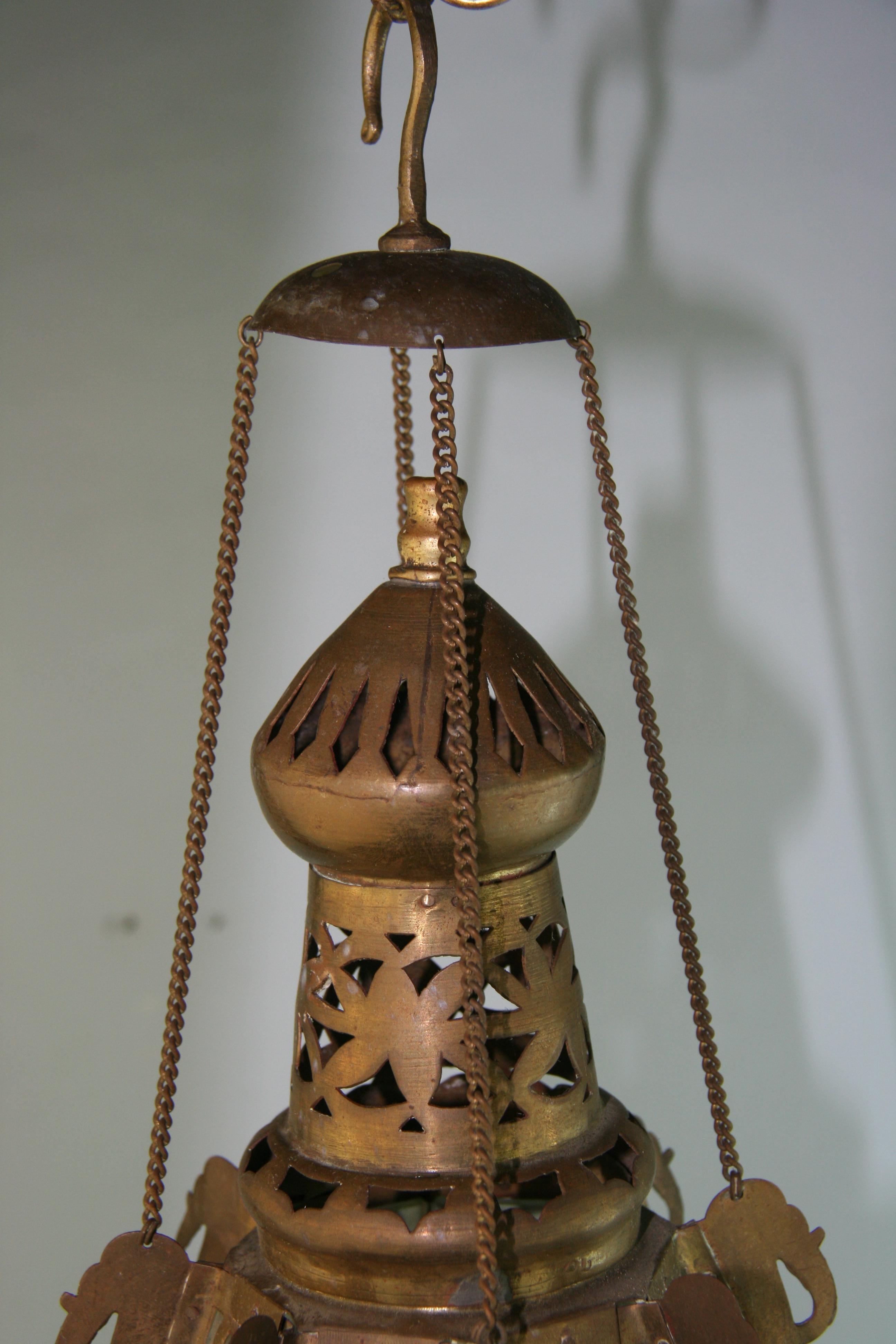 Pair Greek Ornate Brass and Frosted Glass Church Lanterns, Circa 1920's For Sale 7