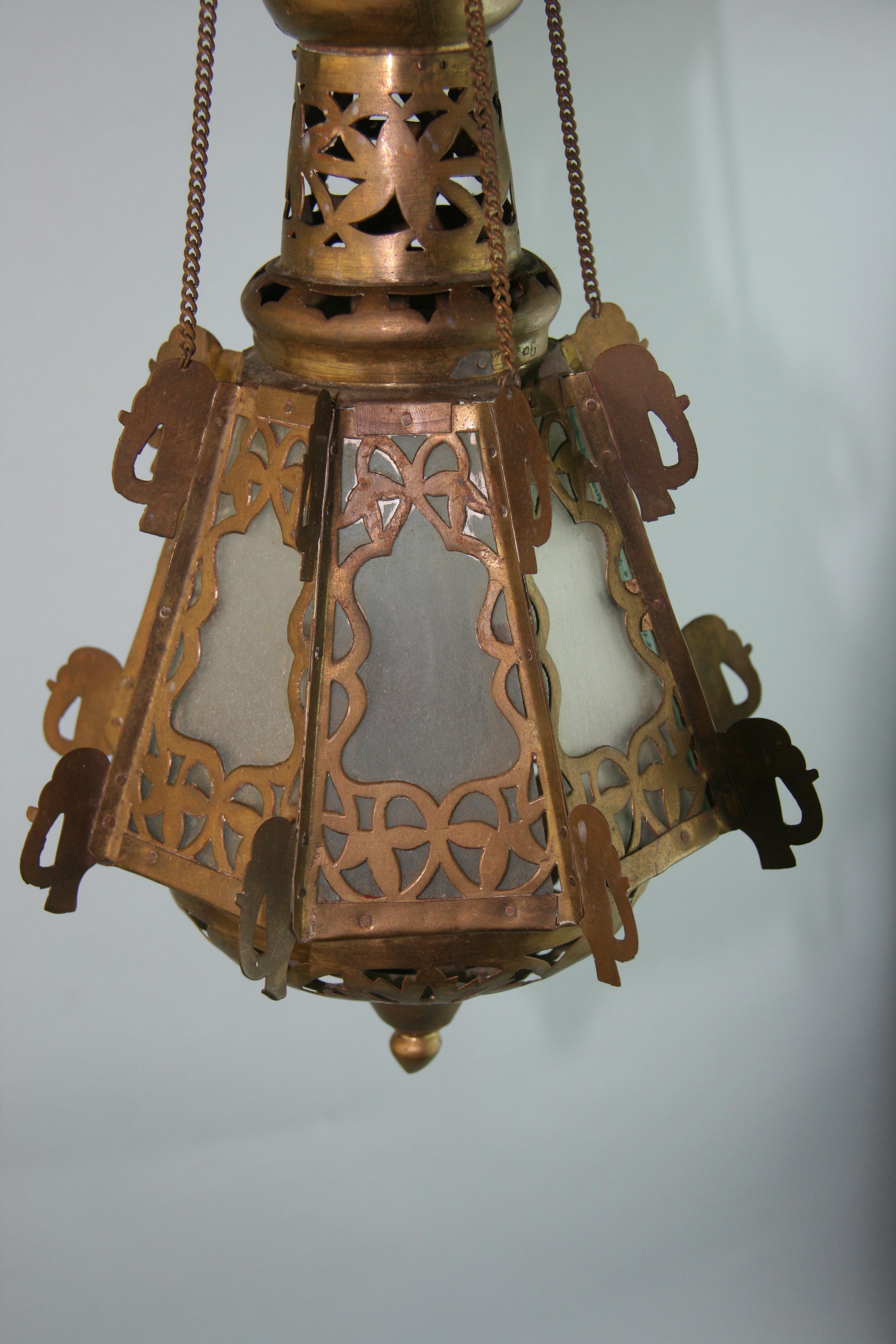 Pair Greek Ornate Brass and Frosted Glass Church Lanterns, Circa 1920's For Sale 8