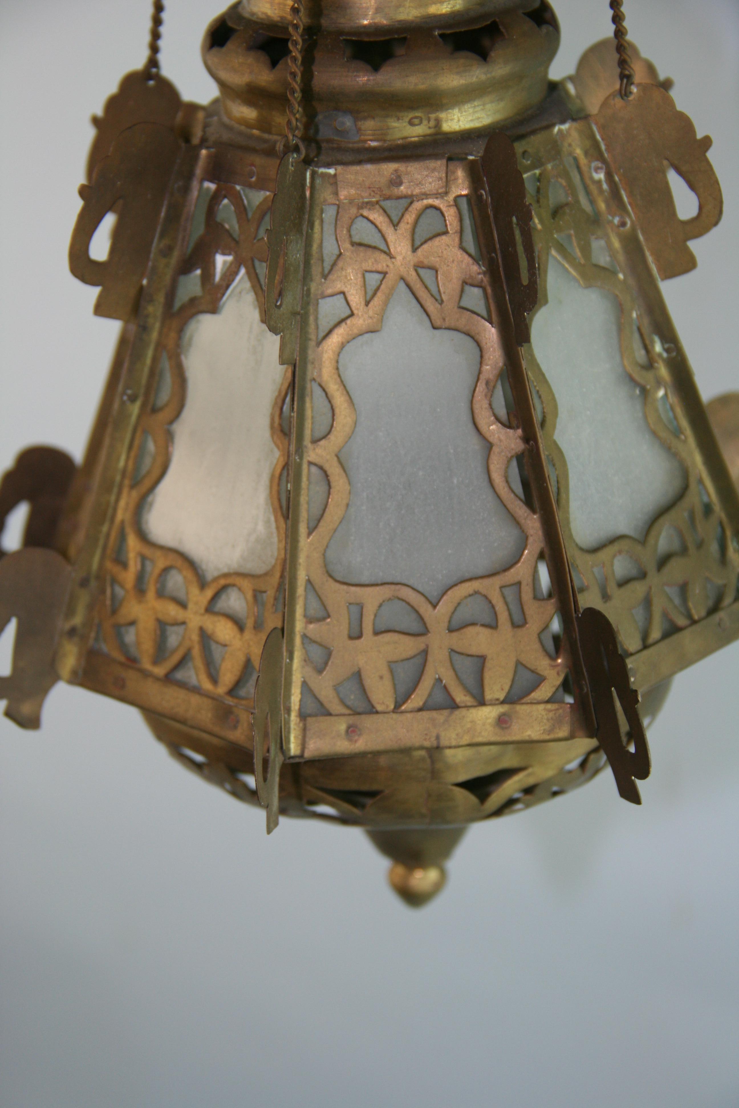 Pair Greek Ornate Brass and Frosted Glass Church Lanterns, Circa 1920's For Sale 9