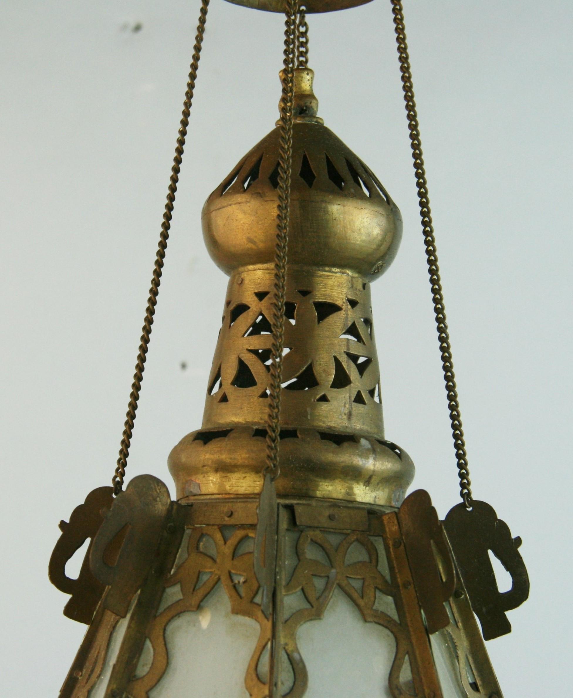 Pair Greek Ornate Brass and Frosted Glass Church Lanterns, Circa 1920's In Good Condition For Sale In Douglas Manor, NY