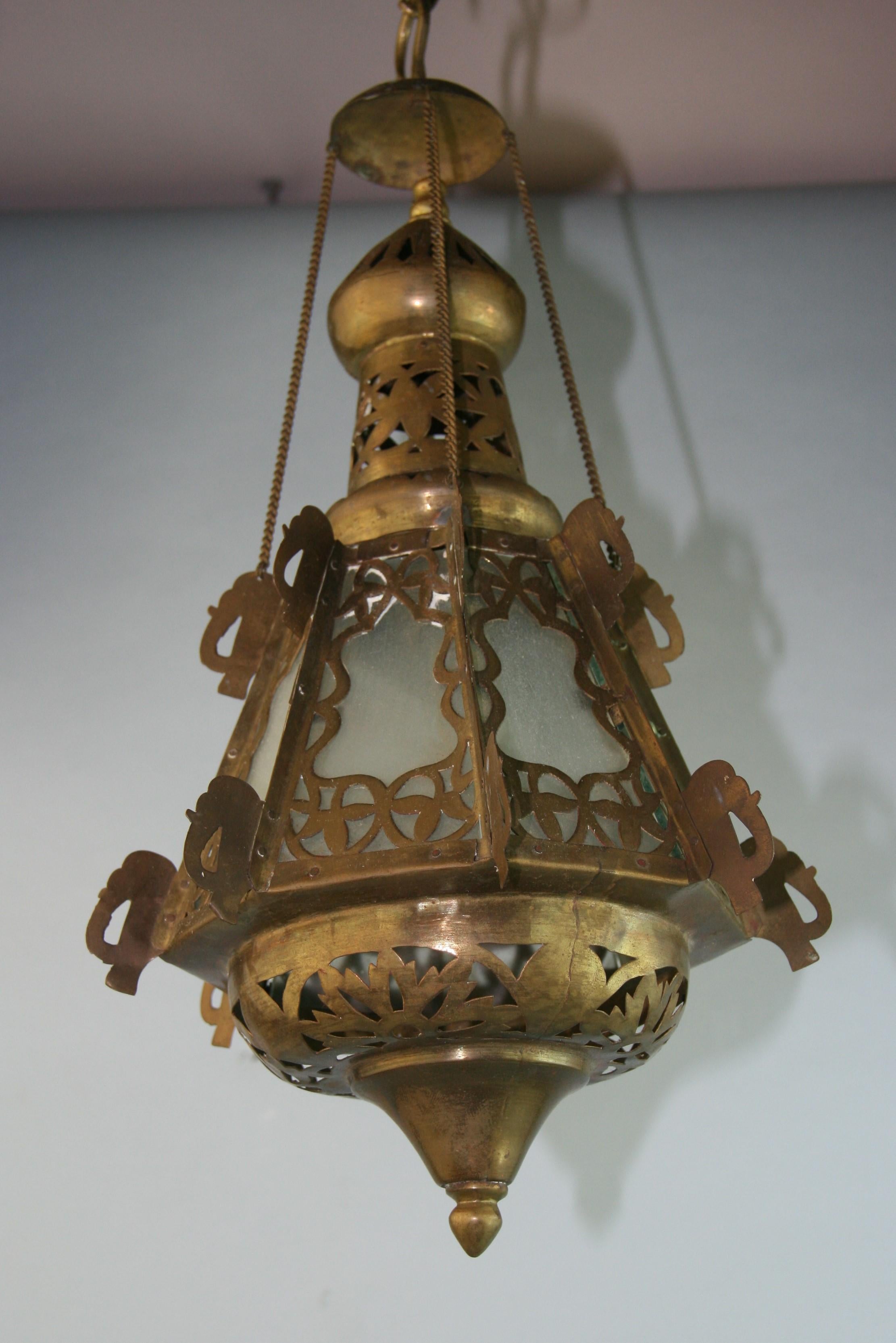 Pair Greek Ornate Brass and Frosted Glass Church Lanterns, Circa 1920's For Sale 1