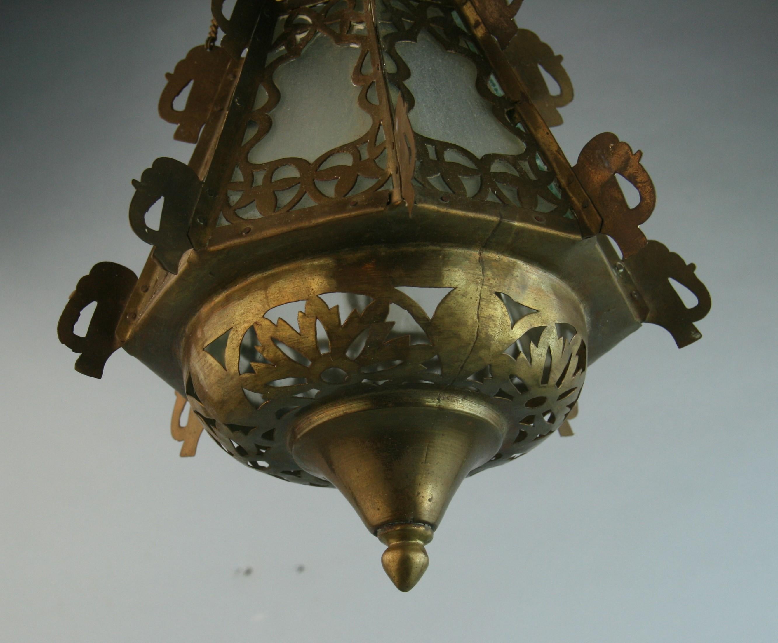 Pair Greek Ornate Brass and Frosted Glass Church Lanterns, Circa 1920's For Sale 2