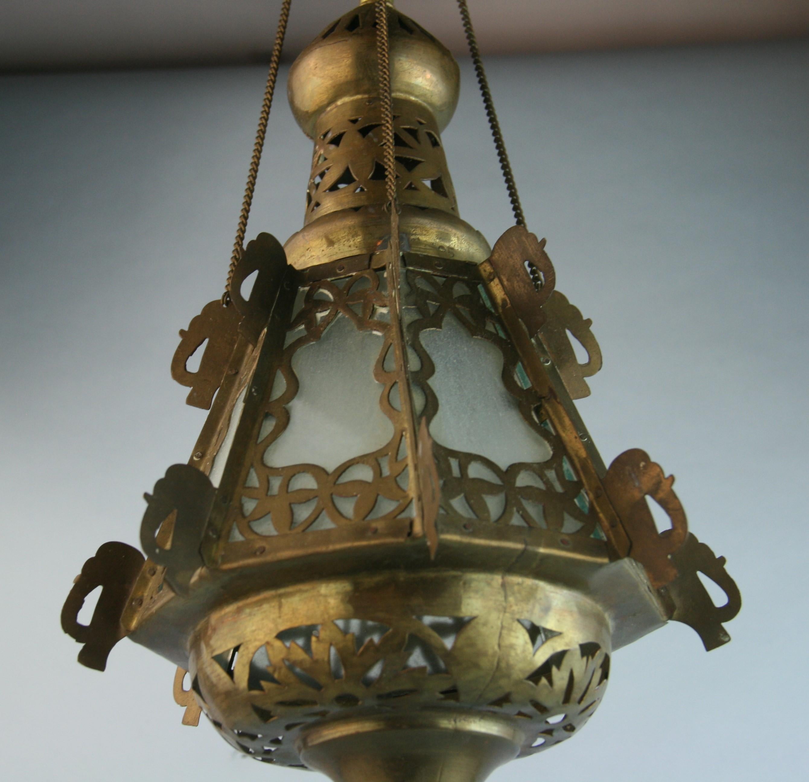 Pair Greek Ornate Brass and Frosted Glass Church Lanterns, Circa 1920's For Sale 3