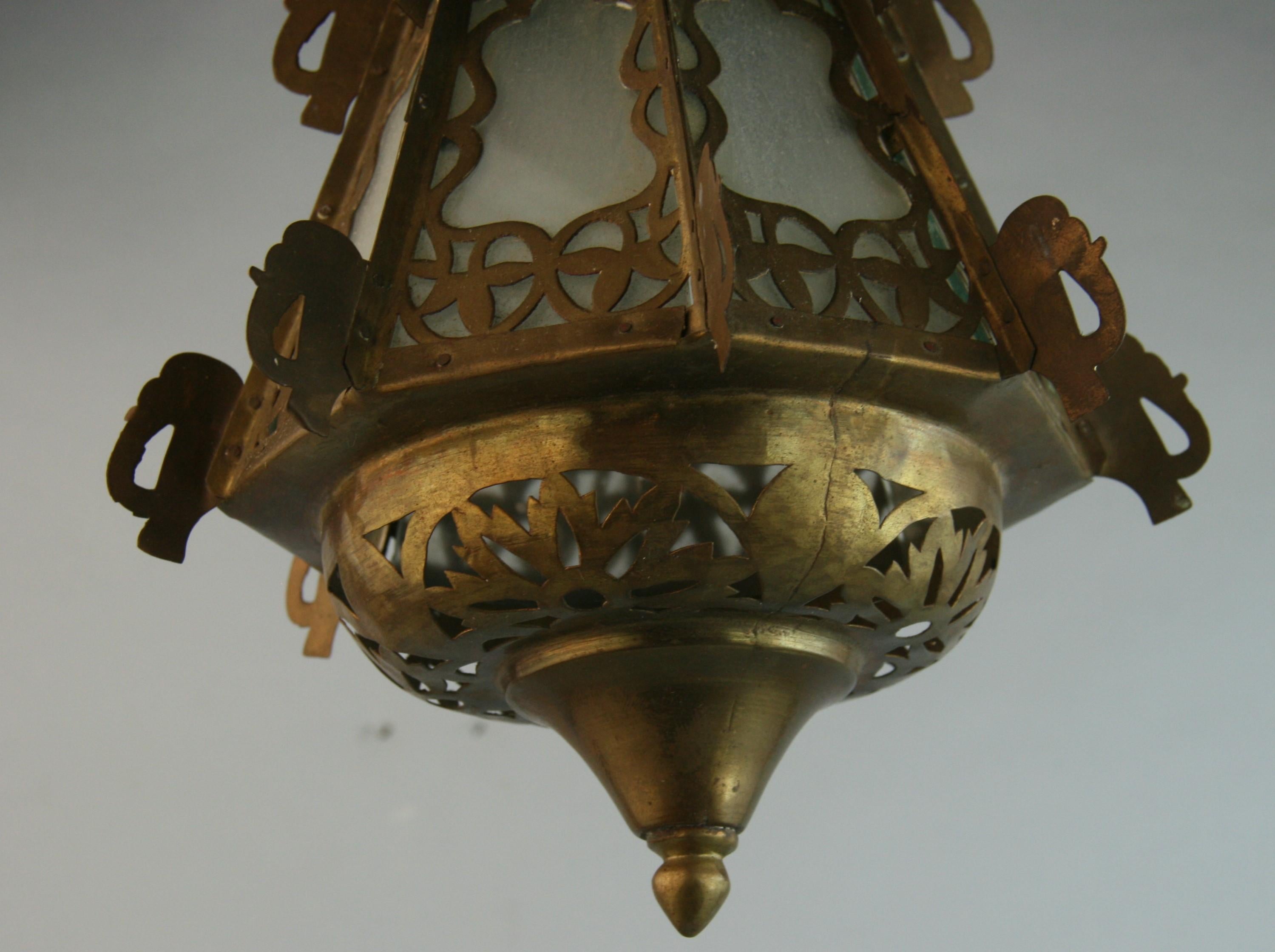 Pair Greek Ornate Brass and Frosted Glass Church Lanterns, Circa 1920's For Sale 4